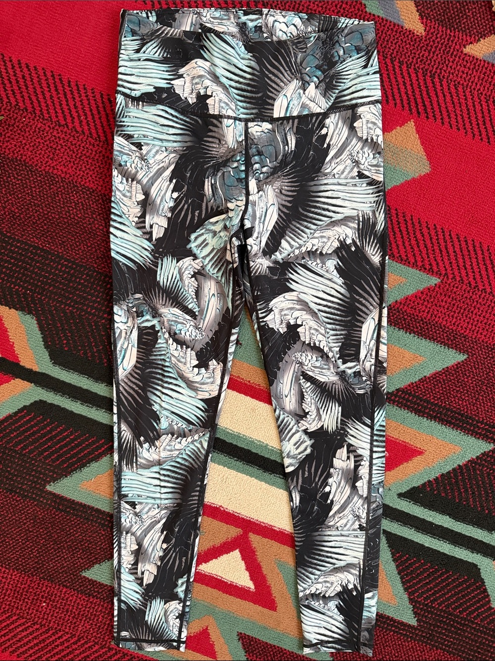 Mono B Black Leggings with Teal and White Feather Motif
